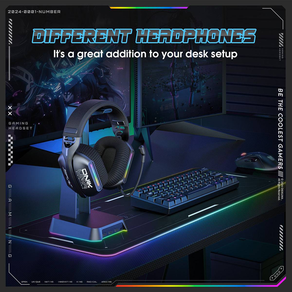 ONIKUMA GT808 Gaming Headset displayed on a stylish gaming desk setup, enhancing the aesthetic with its RGB lighting and premium design.